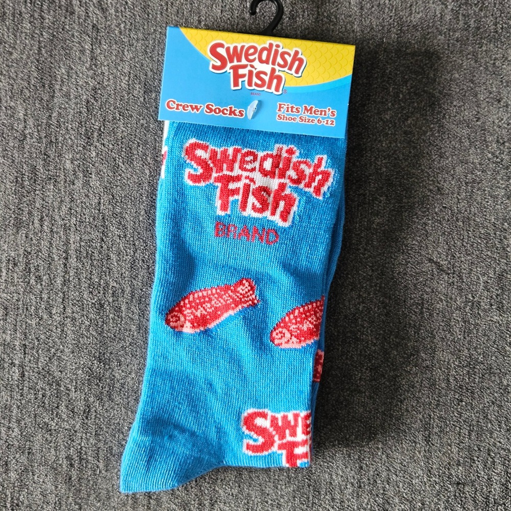 Swedish‎ Fish Mens Crew Socks Blue Red Candy Graphic Logo Shoe Size 6-12 New